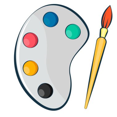 Boyalı ve fırçalı sanatçı paleti. Boya seti. İzole edilmiş. Okul temasına dönelim. Düz vektör illüstrasyonu.