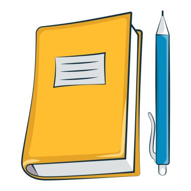 Okul malzemeleri hazır. Defter ve kalem. Düz vektör çizimi. İzole edilmiş beyaz arkaplan.