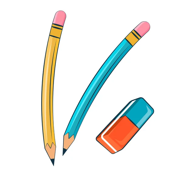 School Supplies Set Pencils Eraser Rubber Flat Vector Illustration Isolated — Stock Vector