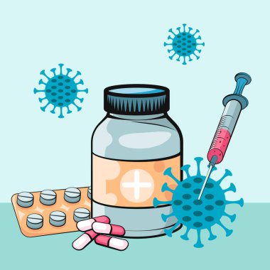 Aşı konsepti. Coronavirus Covid-19 aşısı. Ampul, aşılı şırınga. Vektör çizimi. Düz çizgi film. 