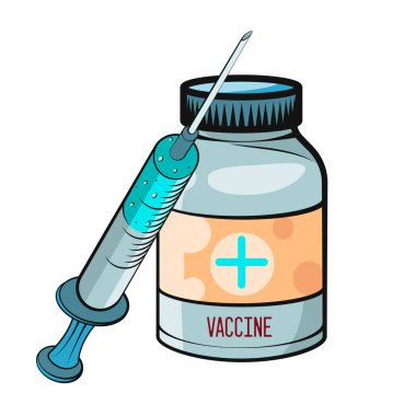 Aşı konsepti. Aşı. Ampul, aşılı şırınga. Vektör çizimi. Düz çizgi film. 