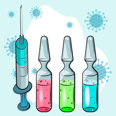 Aşı konsepti. Coronavirus Covid-19 aşısı. Ampul, aşılı şırınga. Vektör çizimi. Düz çizgi film. 