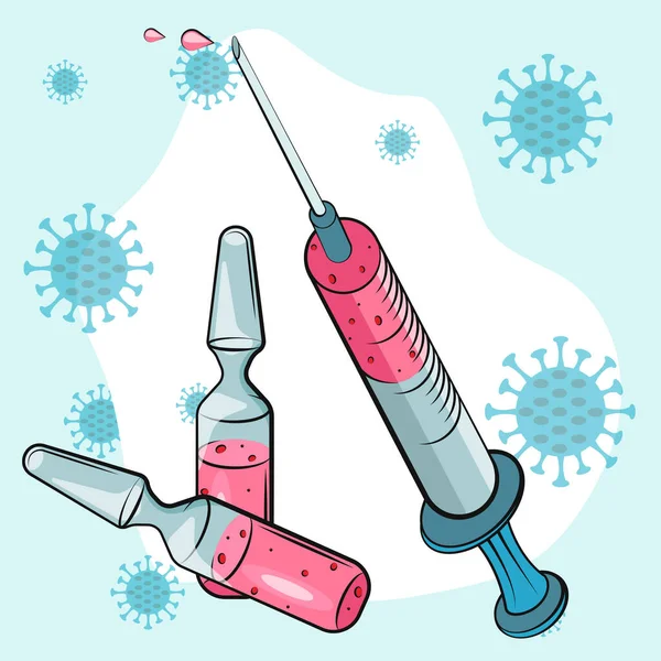 Concepto Vacunación Vacuna Contra Coronavirus Covid Ampolla Jeringa Con Vacuna — Archivo Imágenes Vectoriales