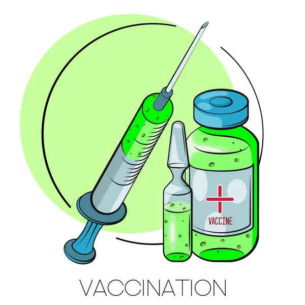 予防接種の概念 ワクチン アンプルワクチンで注射しろ ベクトルイラスト フラット漫画 — ストックベクタ