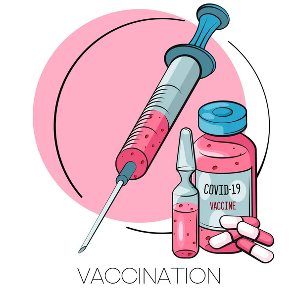 Aşı Konsepti Coronavirus Covid Aşısı Ampul Aşılı Şırınga Vektör Çizimi — Stok Vektör