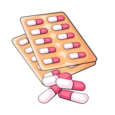 İzole edilmiş düz vektör illüstrasyonu. İlaç paketini doldur. Uyuşturucu, beyaz arka planda tıbbi ilaçlar. Eczacılık sembolleri izole edildi