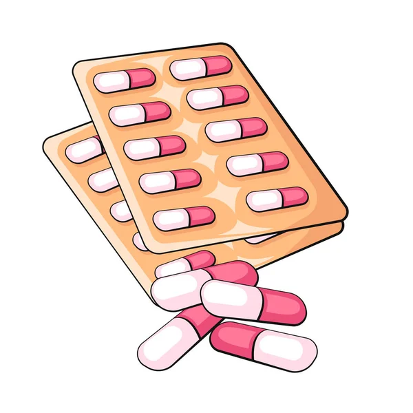 Pilulky Izolované Ploché Vektorové Ilustrace Prášek Blistru Drogy Léky Bílé — Stockový vektor