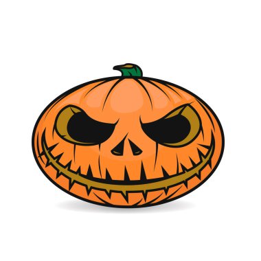 Beyaz arka planda korkunç suratlı Cadılar Bayramı balkabağı. Vektör Çizgi Film İllüstrasyonu. Cadılar Bayramı balkabağı izole. Cadılar Bayramı dekoru. Balkabağı kafa.