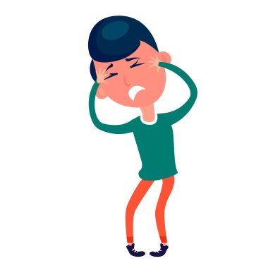 Baş ağrısı. Başı ağrıyan kadın, migren. Düz tasarım vektör çizimi. Baş Migreninden Acı Çeken Bir Adamın Yakın Çekimi