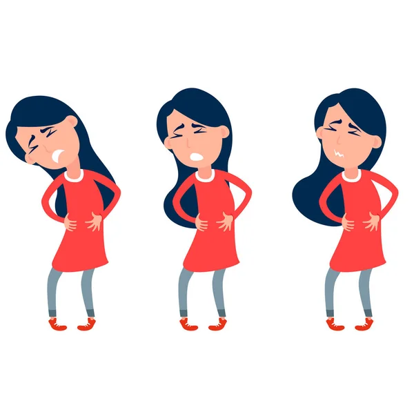 有肚子痛的女人胃痛的症状 肚子痛Abdomen疼痛 女性月经痛的例证 平面矢量设计 手放在肚子上的女孩 — 图库矢量图片