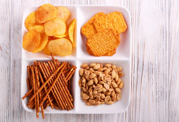 Variety Snacks Plate Wooden Table Top View — Stock Photo, Image