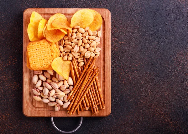 Variety Snacks Wooden Board Top View — Stock Photo, Image