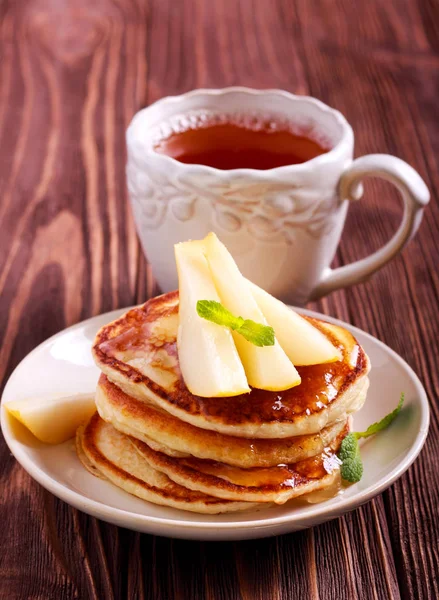 Pear Honey Pancakes Plate Cup Tea — Stock Photo, Image