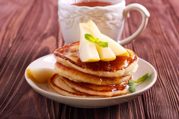 Pear Honey Pancakes Plate Cup Tea — Stock Photo, Image