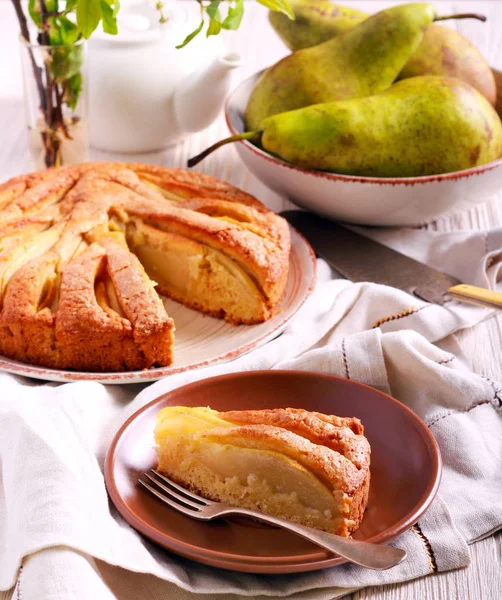 Pear Cake Sliced Served Plate — Stock Photo, Image