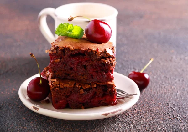 Kirsch Schokolade Brownies Kuchen Auf Teller — Stockfoto