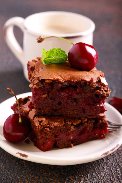Cherry Chocolate Brownies Cakes Plate — Stock Photo, Image