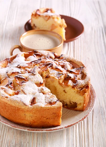 Apple Cake Icing Sugar Top Served Plate — Stock Photo, Image