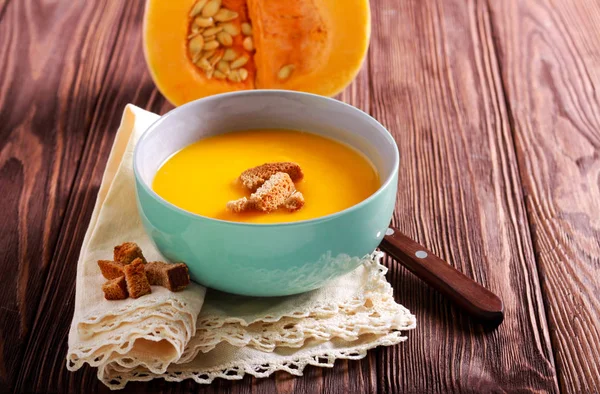 Sopa Calabaza Mantequilla Con Croutons Bol —  Fotos de Stock