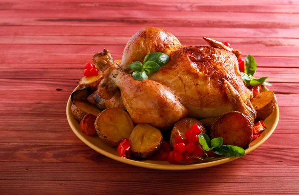 Baked Chicken Vegetables Plate Wooden Table — Stock Photo, Image