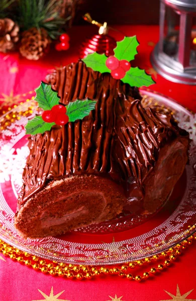Bolo Rolo Chocolate Natal Yule Log Prato — Fotografia de Stock
