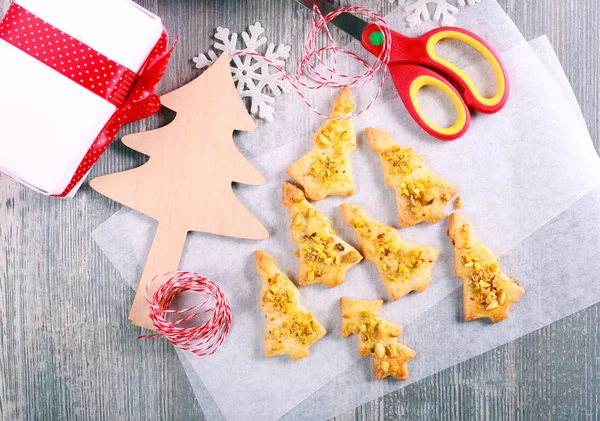 Pistache Topping Kerstboom Koekjes Tafel — Stockfoto