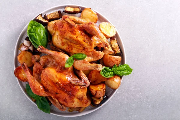 Roast Chickens Roast Vegetables Plate — Stock Photo, Image