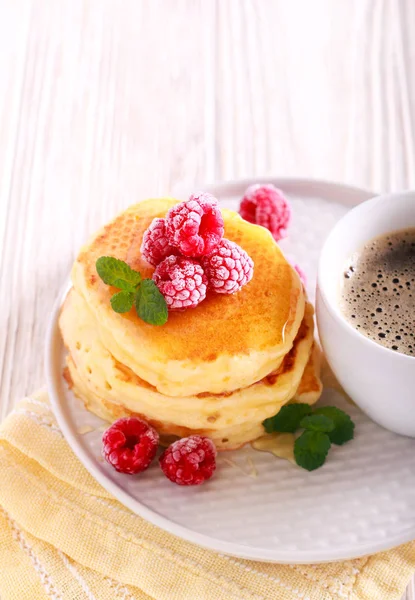 Panqueques Con Miel Frambuesa Taza Café — Foto de Stock