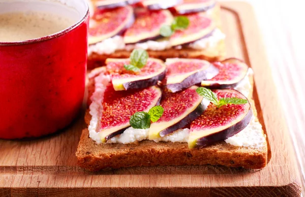Fig Ricotta Open Sandwich Cup Coffee Wooden Board — Stock Photo, Image