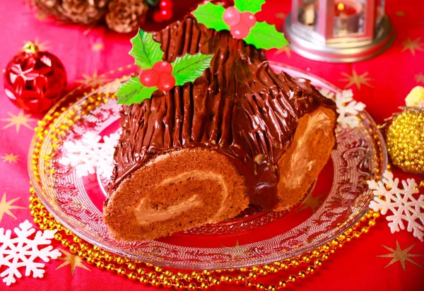 Bolo Rolo Chocolate Natal Yule Log Prato — Fotografia de Stock
