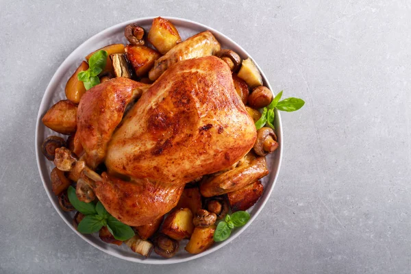 Roast Chicken Roast Potatoes Mushrooms Plate — Stock Photo, Image