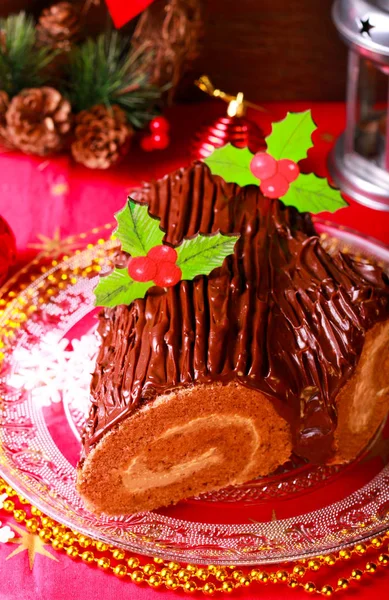 Bolo Rolo Chocolate Natal Yule Log Prato — Fotografia de Stock