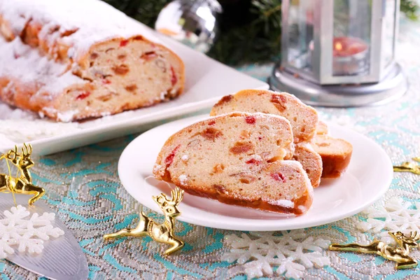 Christmas Stollen Cake Icing Sugar Sliced Plate — Stock Photo, Image