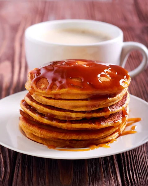 Pumpkin Pancakes Stack Caramel Sauce Served — Stock Photo, Image