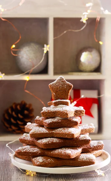 Gingerbread Christmas Tree Biscuits Icing Plate — Stock Photo, Image