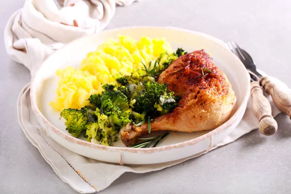 Dinner - rosemary chicken leg with broccoli and mashed potato on plate