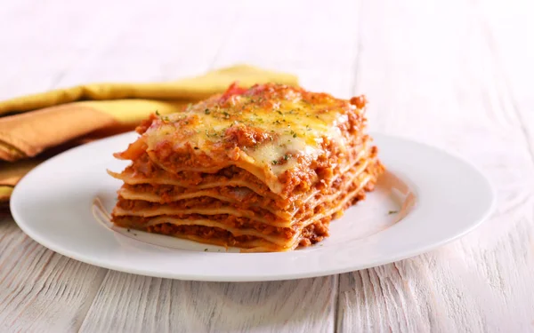 Slice Lasagna Plate Selective Focus — Stock Photo, Image