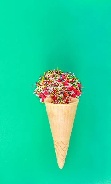 Ice Cream Cone Sweet Sprinkles Green Background Sweet Concept Copyspace — Stock Photo, Image