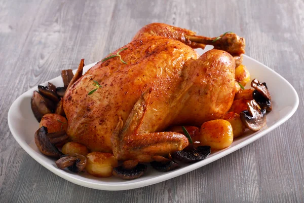 Roast chicken with potatoes and mushrooms