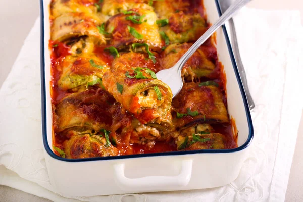 Zucchini Rolls Cheese Herb Filling Baked Tomato Sauce — Stock Photo, Image