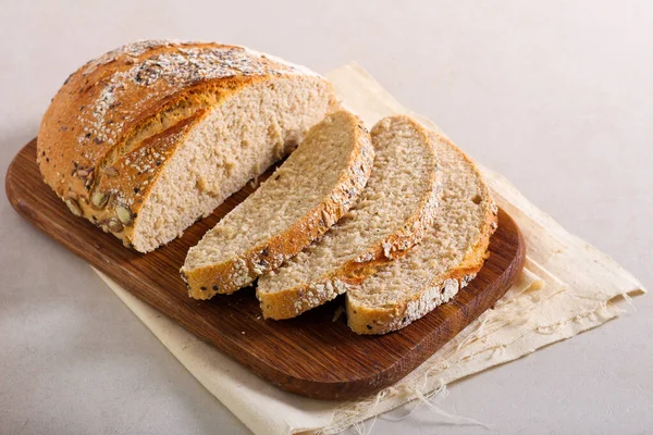 Homemade Whole Wheat Seed Bread Sliced Wooden Board — Stock Photo, Image