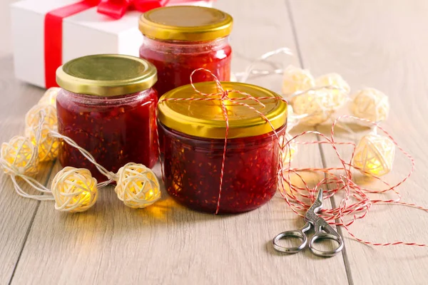 Homemade Jam Jars Christmas Edible Gifts — Stock Photo, Image