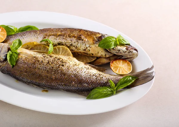 Pesce Branzino Forno Servito Sul Piatto — Foto Stock