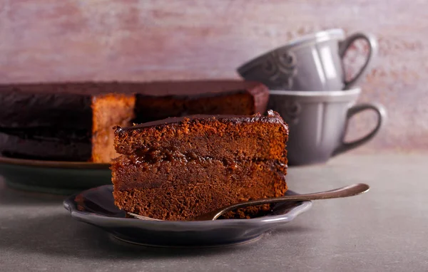 Chocolate Cake Apricot Jam Filling Zacher Cake Sliced Served — Stock Photo, Image