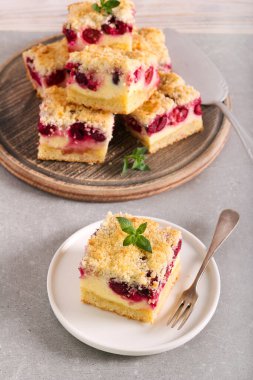 Vişneli ve hindistancevizli cheesecake, tabakta servis ediliyor.