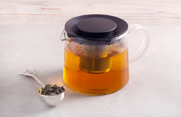Φυτικό Πράσινο Τσάι Γυάλινη Τσαγιέρα — Φωτογραφία Αρχείου