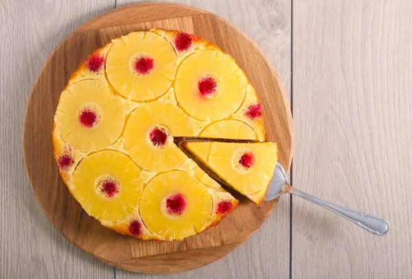 Pineapple and cherry upside down cake, served