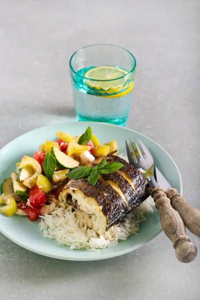 Baked Sea Bass Fish Top Rice Served Feta Vegetable Salad — Stock Photo, Image