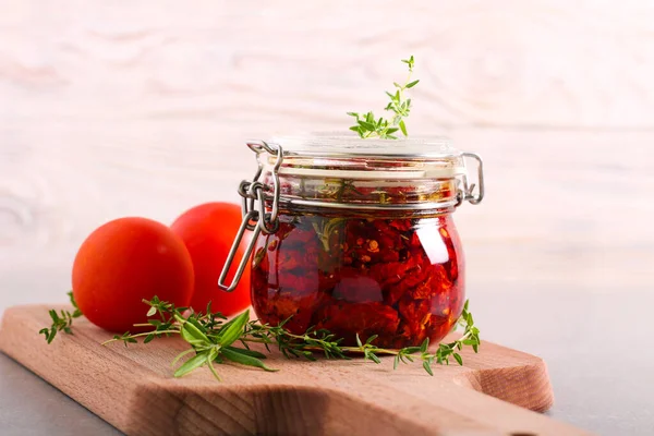 Homemade Sun Dried Tomatoes Olive Oil Herbs Spices Jar — Stock Photo, Image