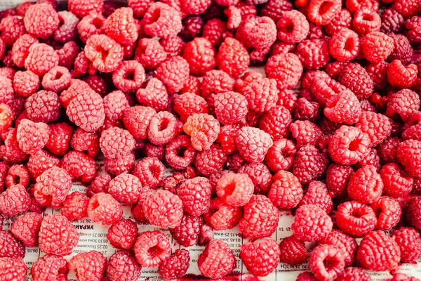 Red raspberries in a box on a blue wooden table. Fresh berries.Detox diet and summer food concept.Top view.Closeup.
